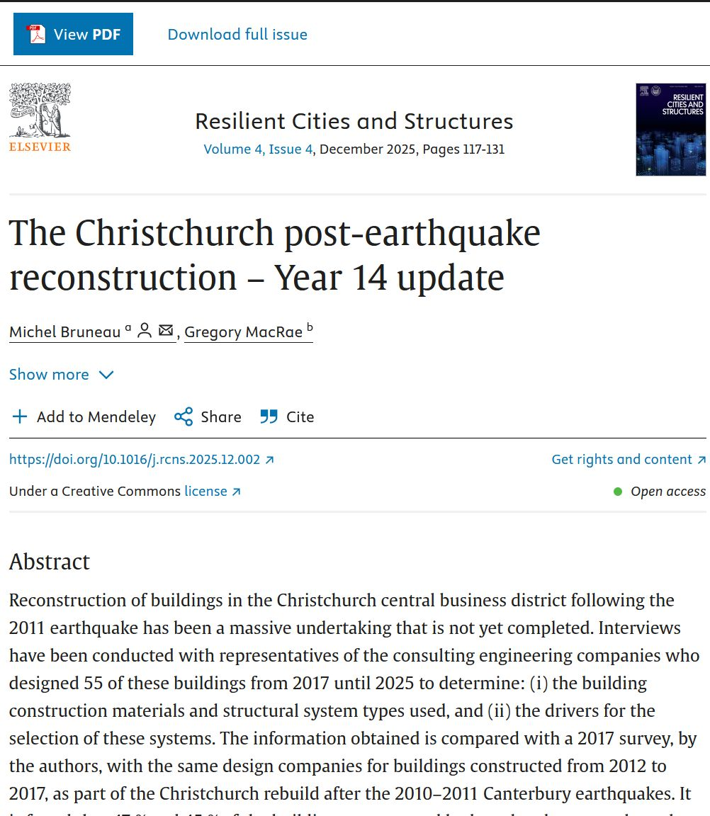 Journal cover: The Christchurch post-earthquake reconstruction – Year 14 update, Resilient Cities and Structures, Vol. 4 Issue 4, December 2025